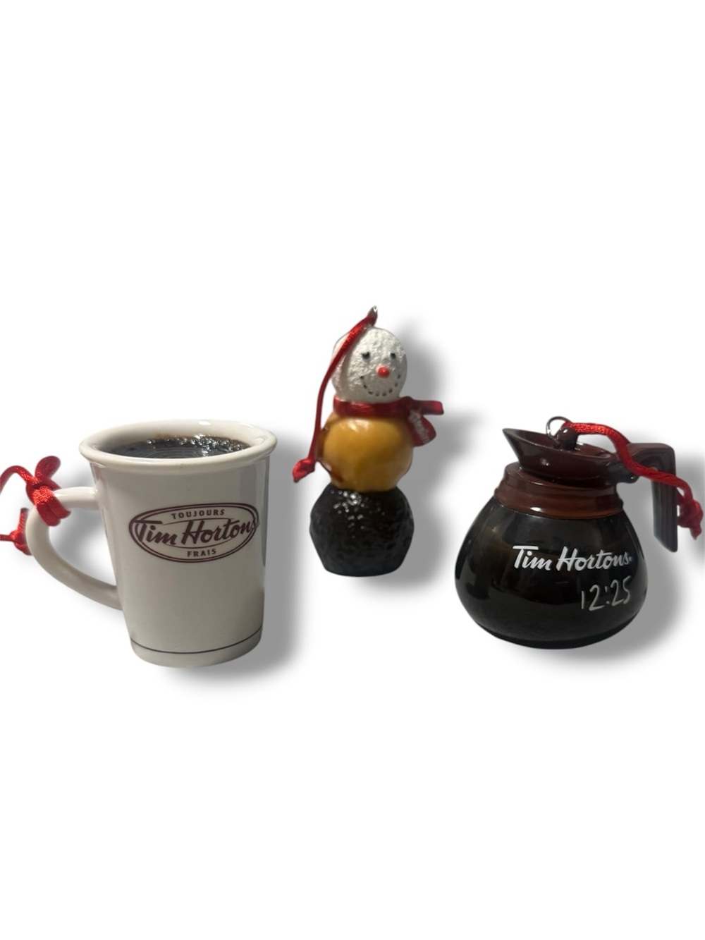 Tim Hortons Christmas Ornament Set of 3 2010 2011 Timbit Snowman Coffee Pot Cup